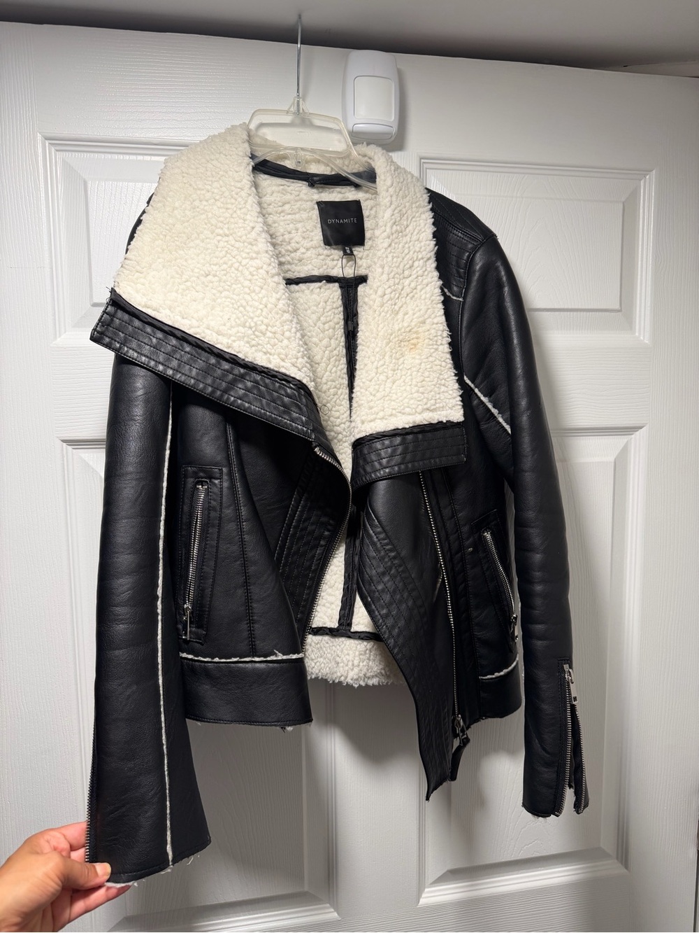 Dynamite Black Faux Leather Moto Jacket with Cream Shearling Trim